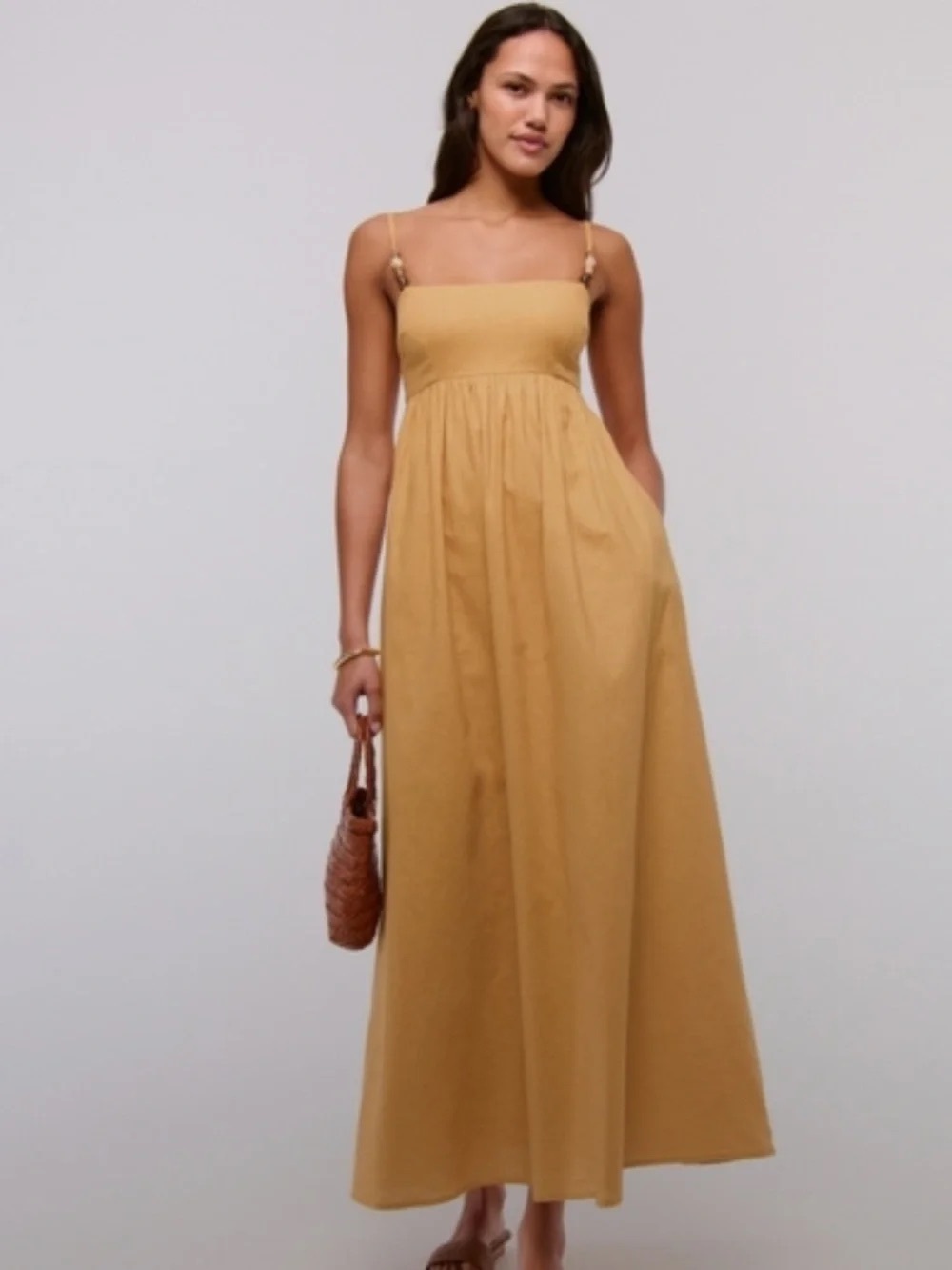 Abercrombie & Fitch Mustard Maxi Dress with Beaded Straps & Tie Back